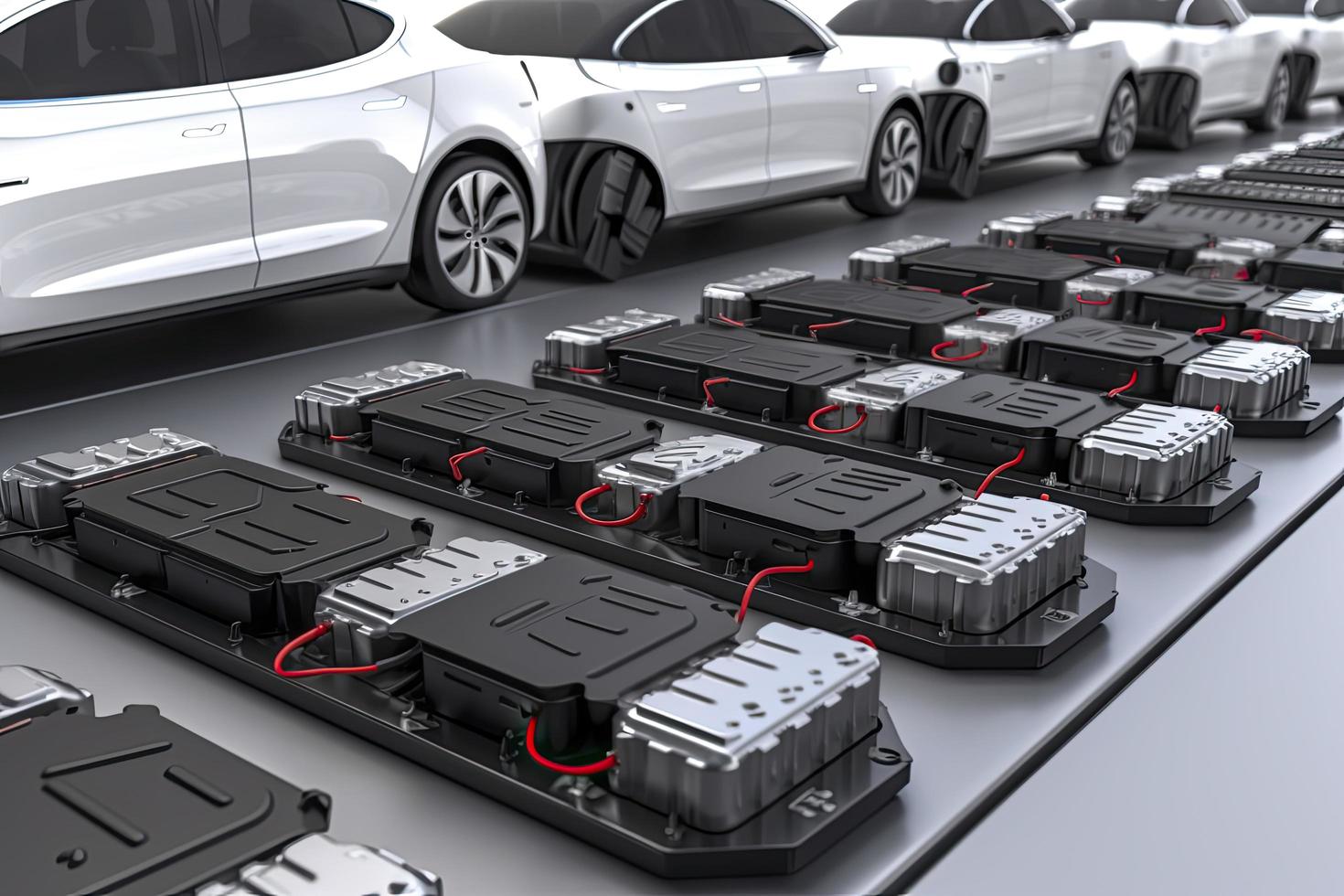 électrique voitures avec pack de batterie cellules module sur Plate-forme dans une rangée photo