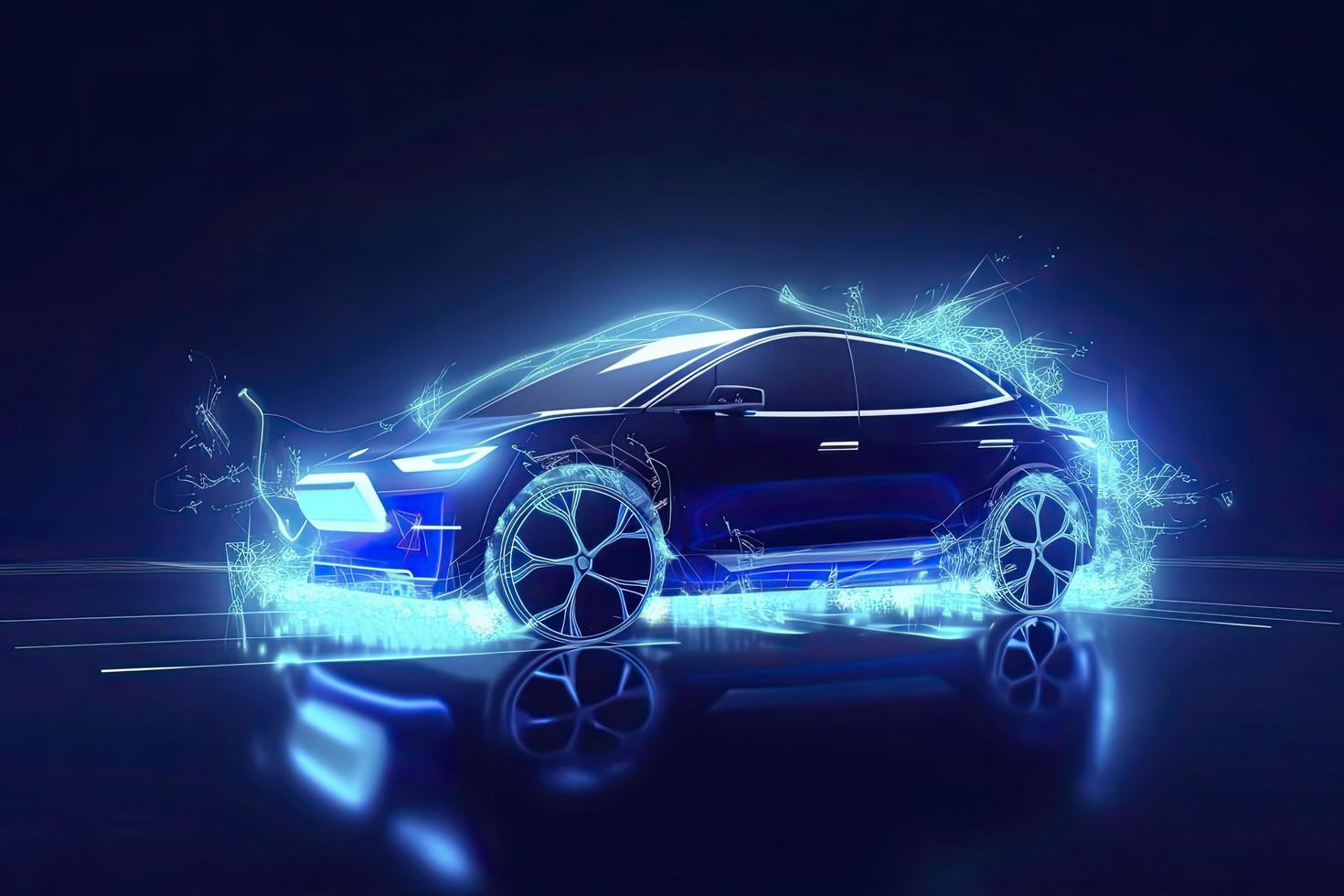 voitures électriques à vitesse abstraite dans l'illustration, les voitures électriques sont alimentées par l'énergie électrique. future energy.on fond bleu photo