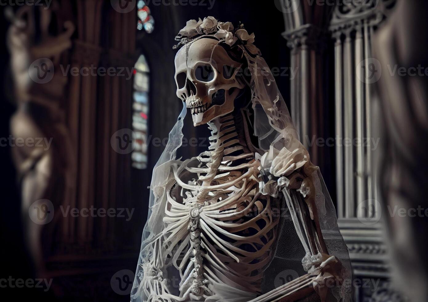 squelette de une la mariée dans une mariage robe. mort fille à le mariage. ai généré photo