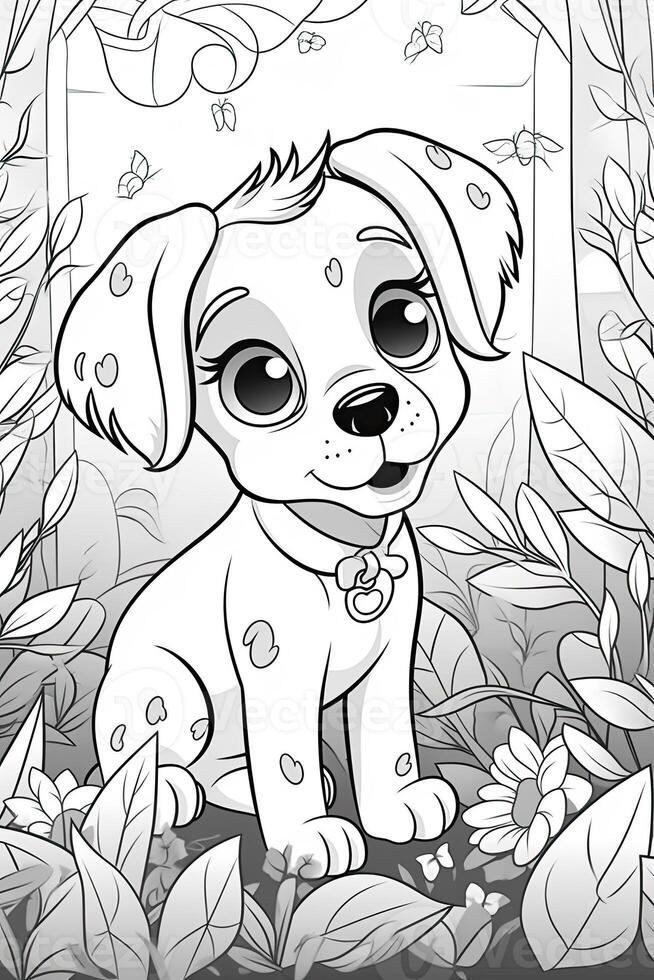 coloration page contour de dessin animé mignonne peu chiot chien. illustration coloration livre pour enfants. génératif ai photo