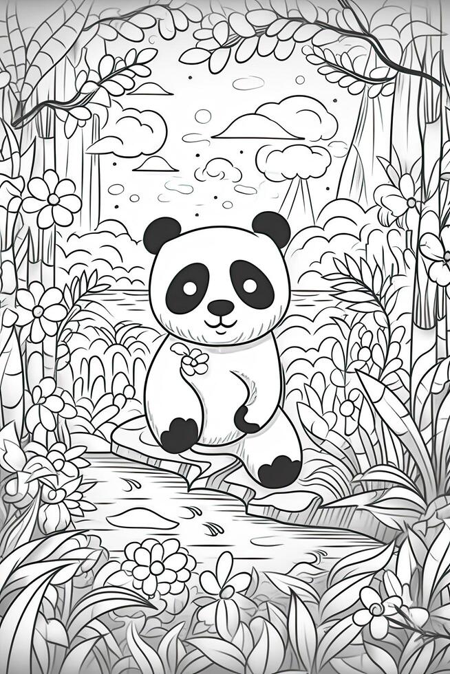 mignonne dessin animé Panda. noir et blanc illustration pour coloration livre. génératif ai photo