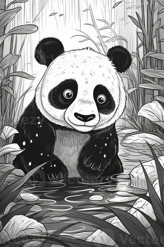 mignonne dessin animé Panda. noir et blanc illustration pour coloration livre. génératif ai photo