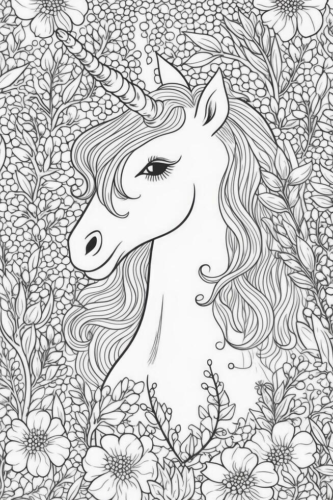 mignonne dessin animé Licorne. noir et blanc illustration pour coloration livre. génératif ai photo