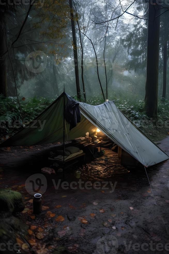 région sauvage survie. bushcraft tente en dessous de le bâche dans lourd pluie, embrassement le refroidissement de aube. une scène de endurance et résistance photo