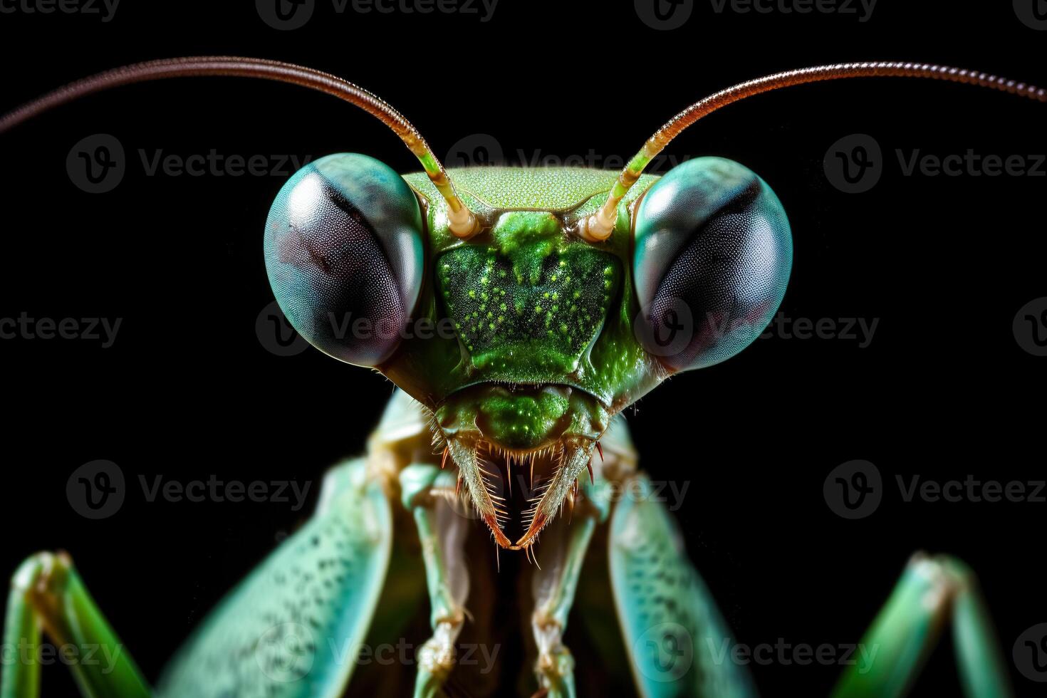 très proche et détaillé macro portrait de une prier mante contre une foncé Contexte. ai généré photo