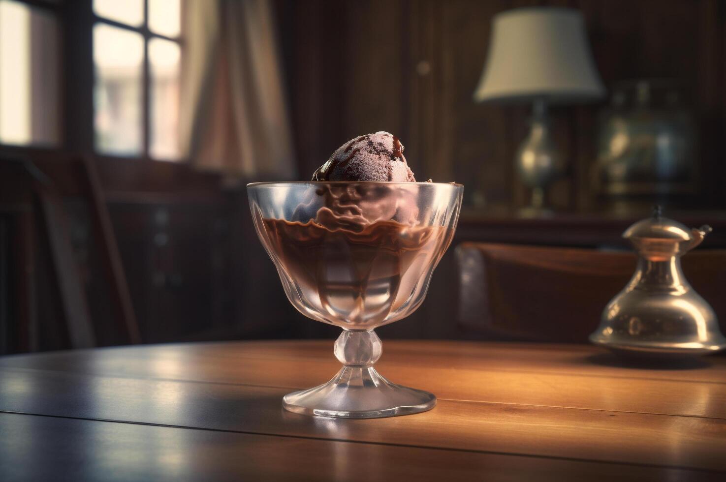 gourmet Chocolat la glace crème dans verre bol sur la glace crème parloir tableau. rustique bois. ai généré. congelé dessert photo