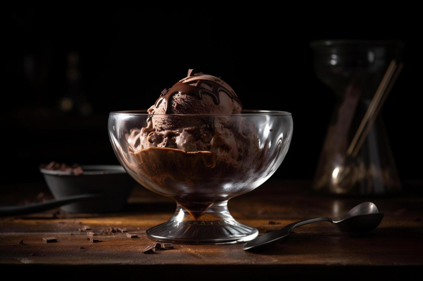 gourmet Chocolat la glace crème dans verre bol sur la glace crème parloir tableau. rustique bois. ai généré. congelé dessert photo