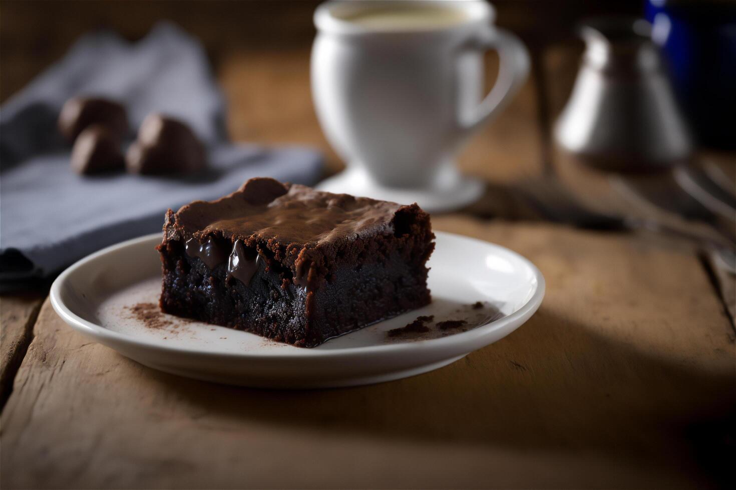 délicieux fait maison Chocolat lutin dans blanc céramique assiette sur rustique en bois tableau. ai généré. sélectif concentrer photo