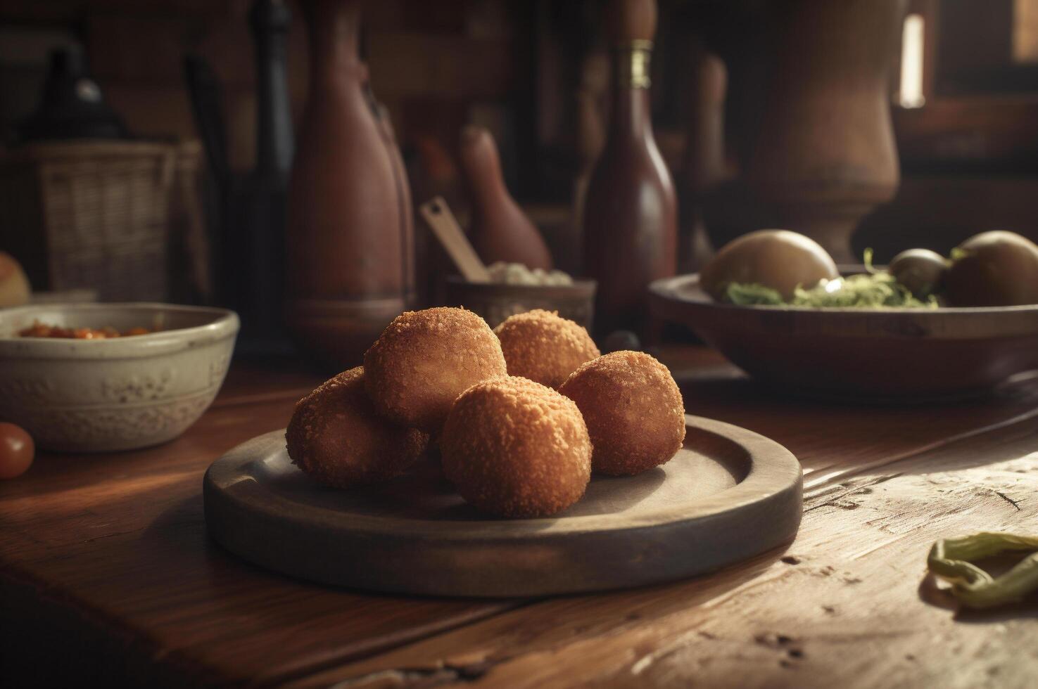 délicieux fait maison croquettes sur en bois table dans rustique cuisine Contexte. ai généré photo