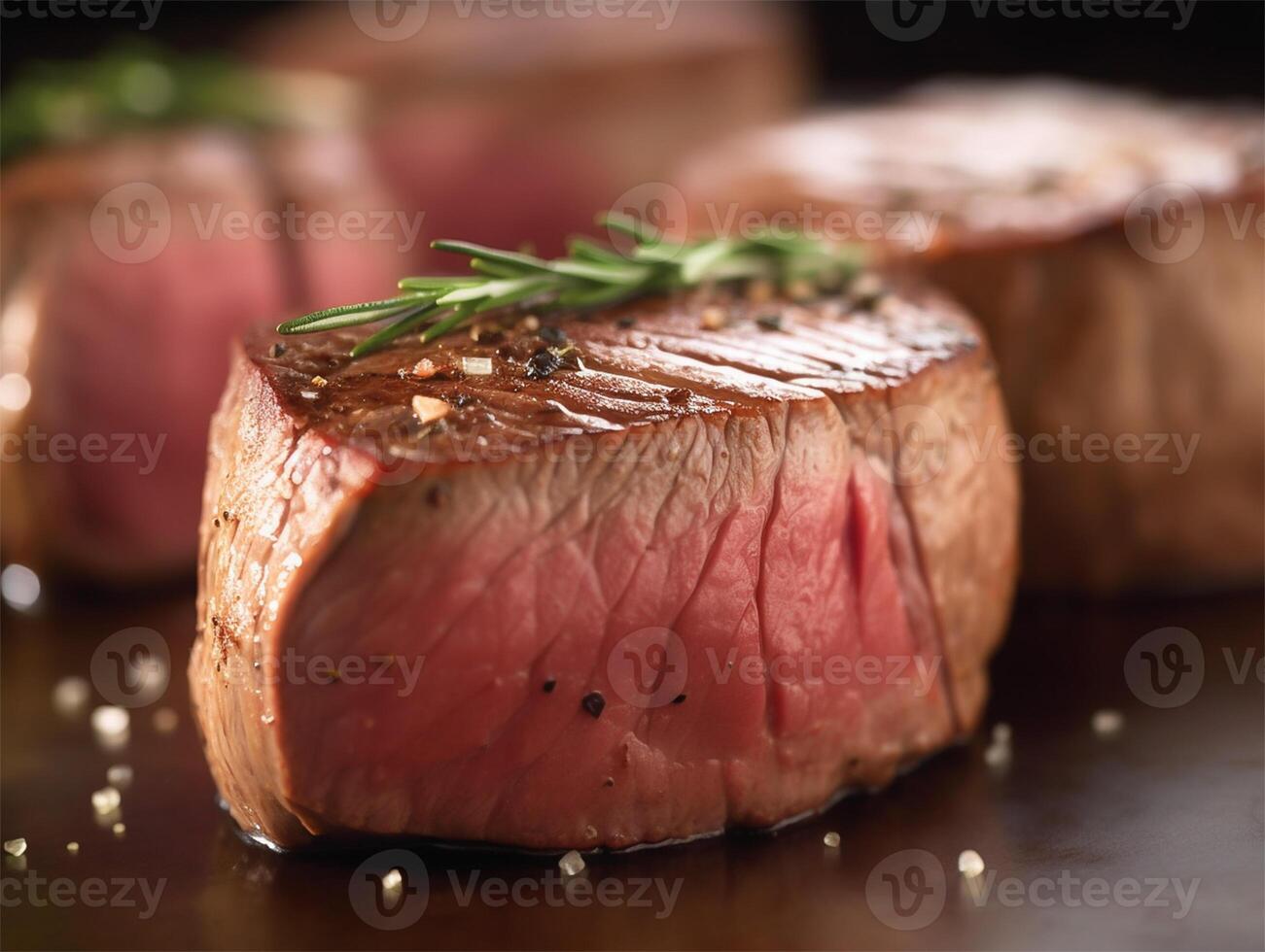 brut biologique du boeuf filet mignon plus de une en bois compteur sur foncé Contexte. génératif ai photo