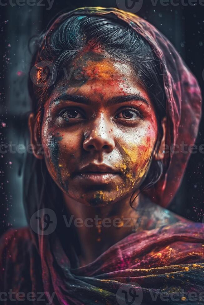 Indien femme proche en haut portrait avec coloré peindre photo