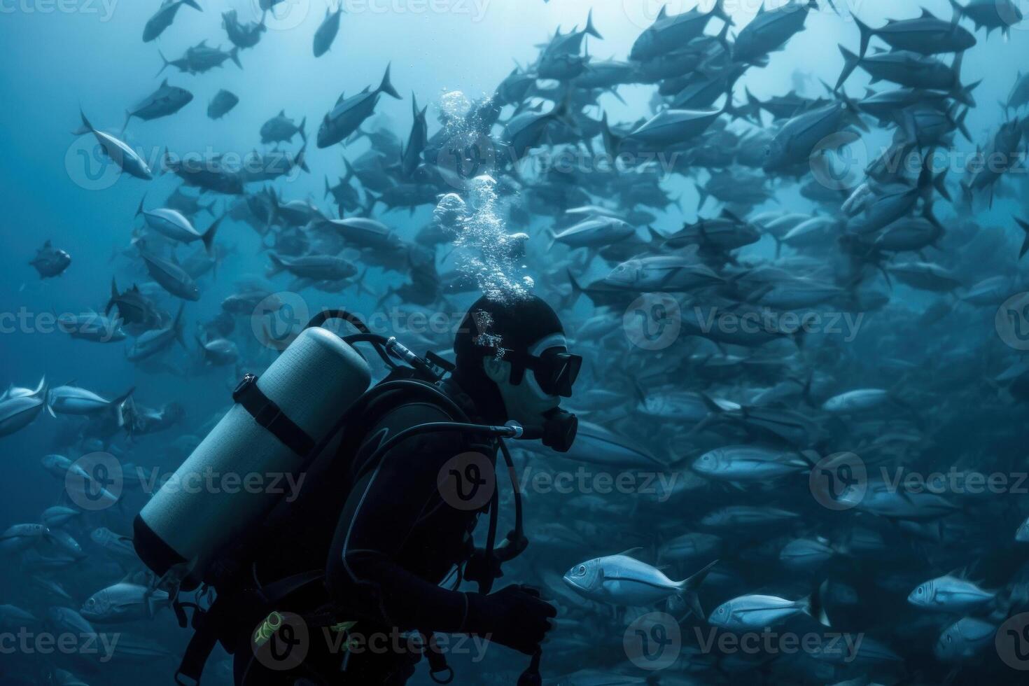 une scaphandre autonome plongeur nage parmi une haut-fond de des poissons génératif ai photo