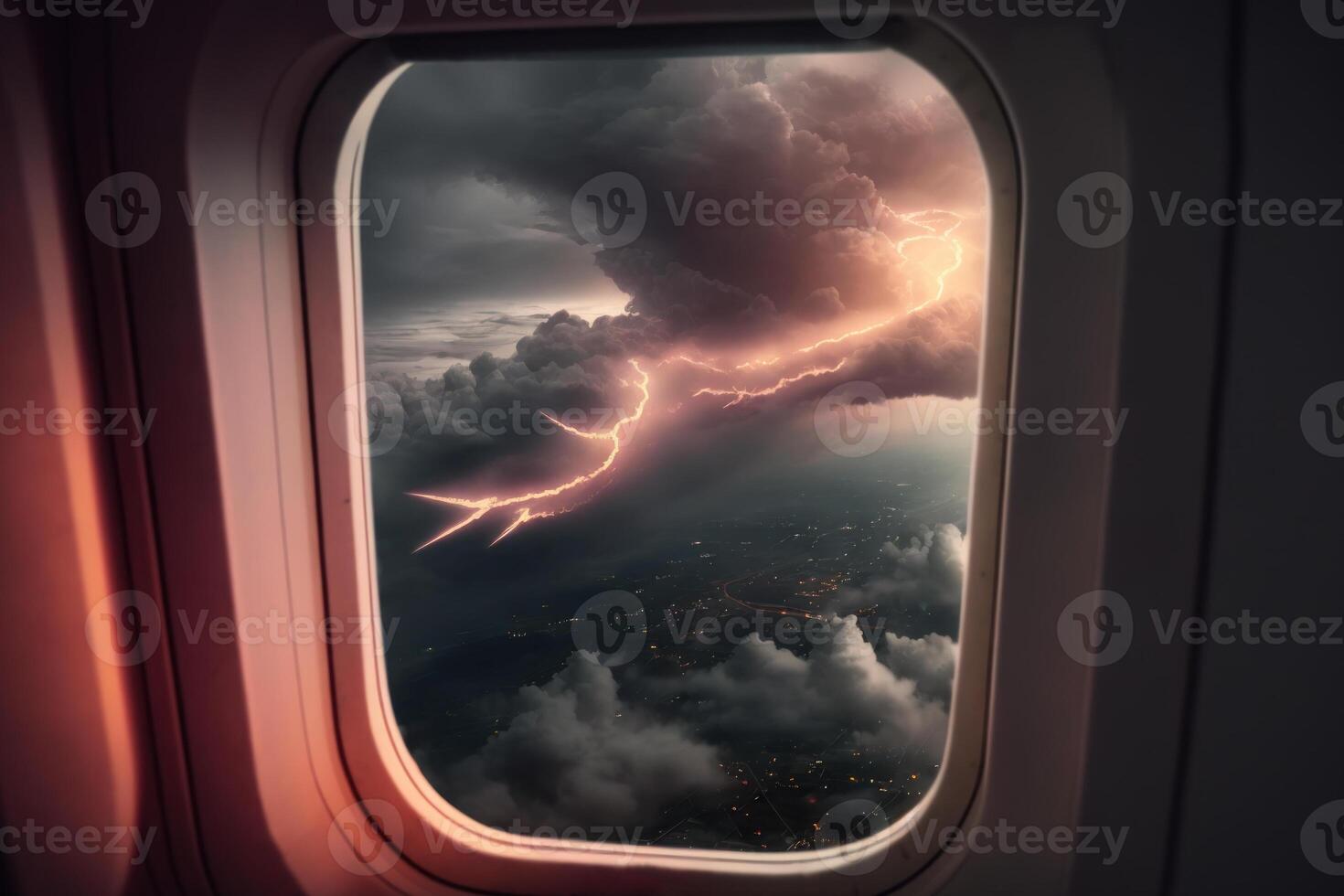 orage ciel à l'extérieur le avion fenêtre génératif ai photo