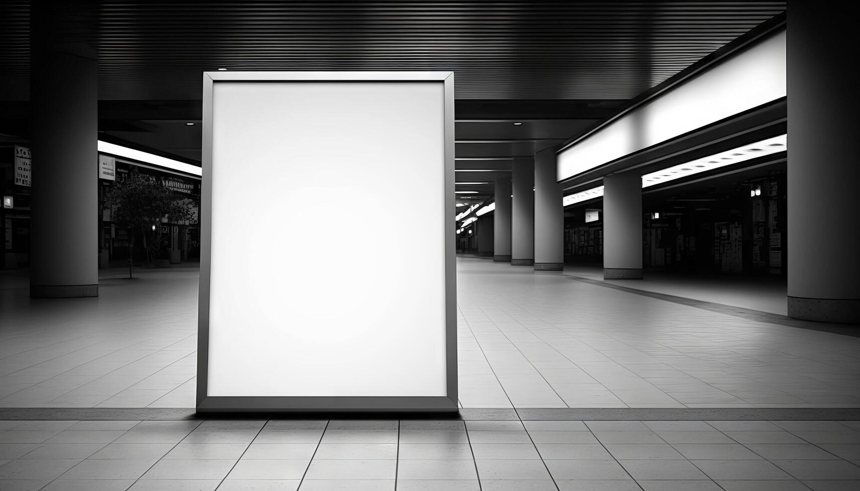 Vide affiche panneau d'affichage attaché mur avec copie espace pour votre texte message dans moderne achats centre commercial.génératif ai photo