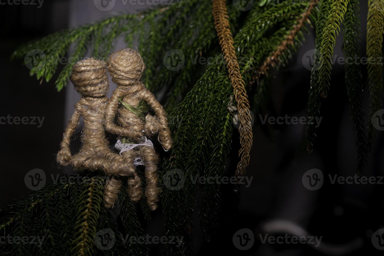 poupées de le Cordes étaient ensemble sur le sapin arbre. romantique la photographie concept. photo