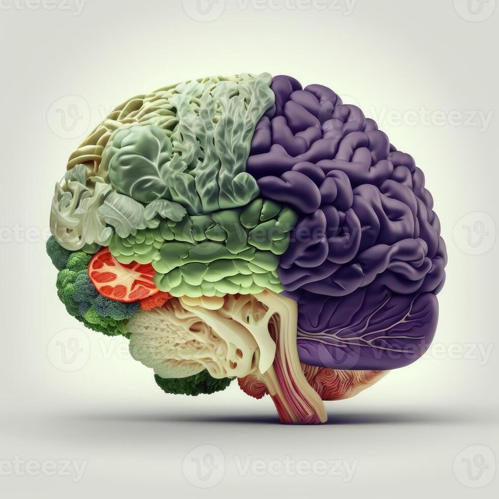 Humain cerveau fabriqué avec des légumes sur blanc Contexte génératif ai photo