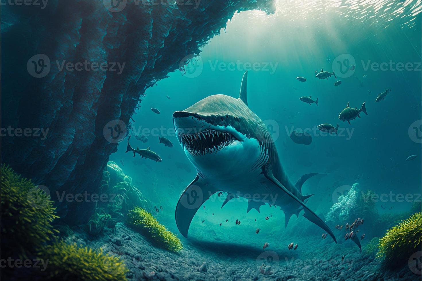 mégalodon requin en dessous de le océan, coraux et poisson, Marin vie. numérique illustration. ai photo