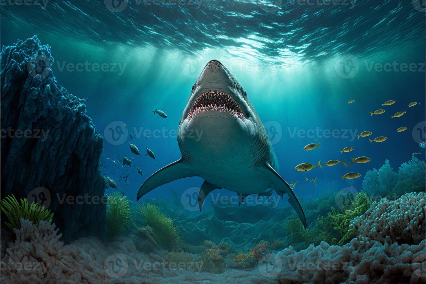 mégalodon requin en dessous de le océan, coraux et poisson, Marin vie. numérique illustration. ai photo