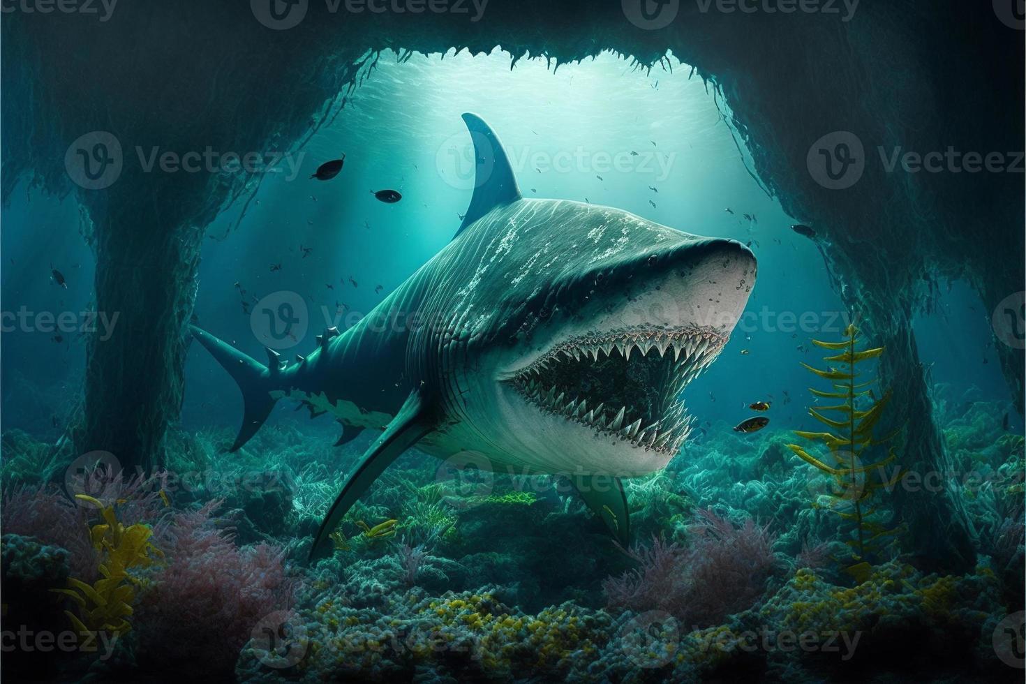 mégalodon requin en dessous de le océan, coraux et poisson, Marin vie. numérique illustration. ai photo