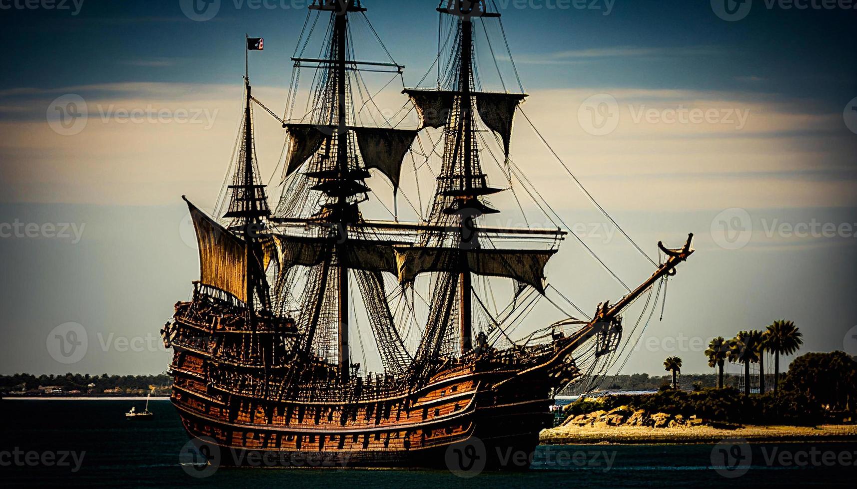 mer lagune avec en bois pirate navire avec noir voiles avec crâne. tropical île le sable plage paysage avec paume des arbres, montagnes et corsaire bateau sur eau, dessin animé illustration. ai photo