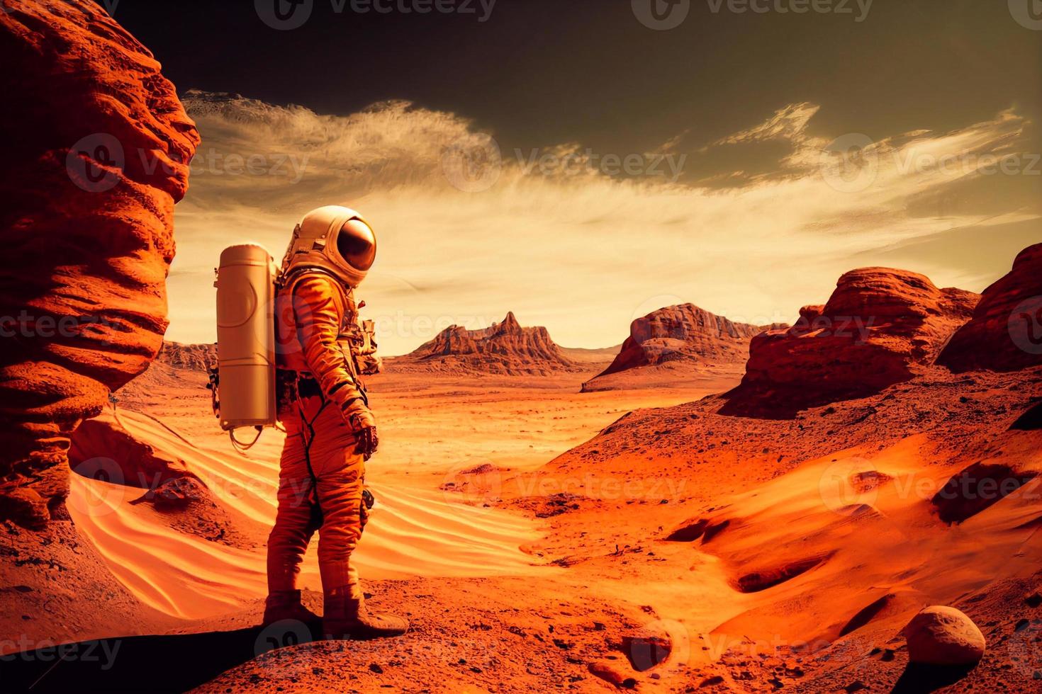 le scientifique illustration de une colonie sur Mars dans le près futur Caractéristiques le lancement mission de le fusée dans le atmosphère dans un de le colonies ai photo