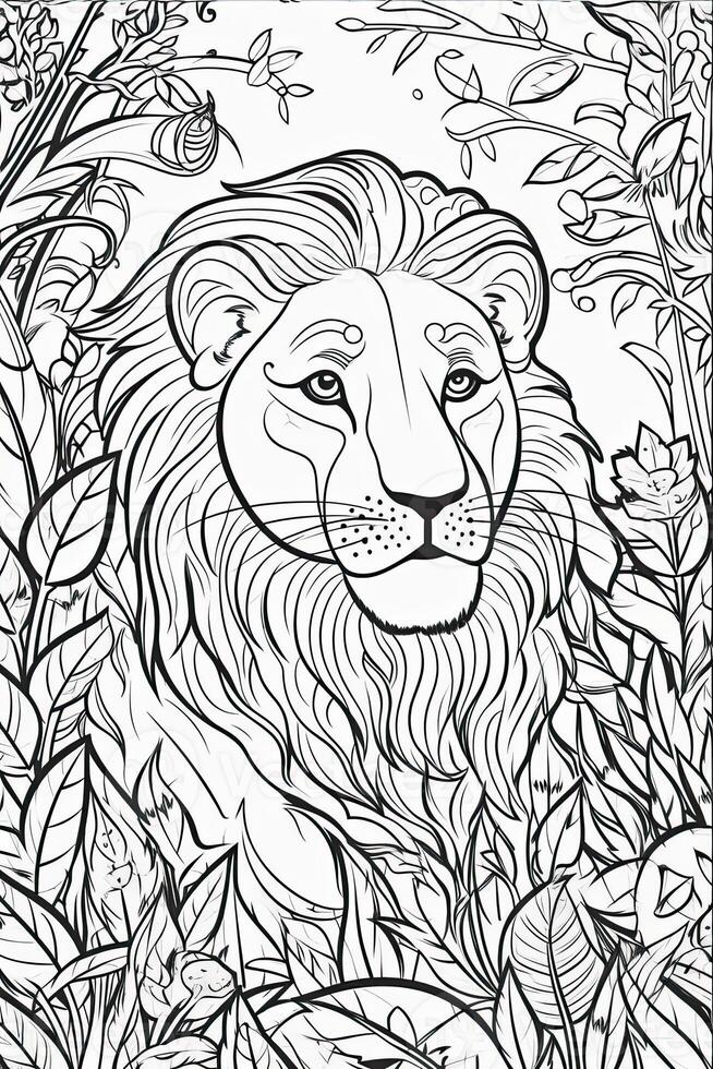 coloration livre page pour enfants. Lion isolé sur blanc Contexte. noir et blanche. génératif ai photo