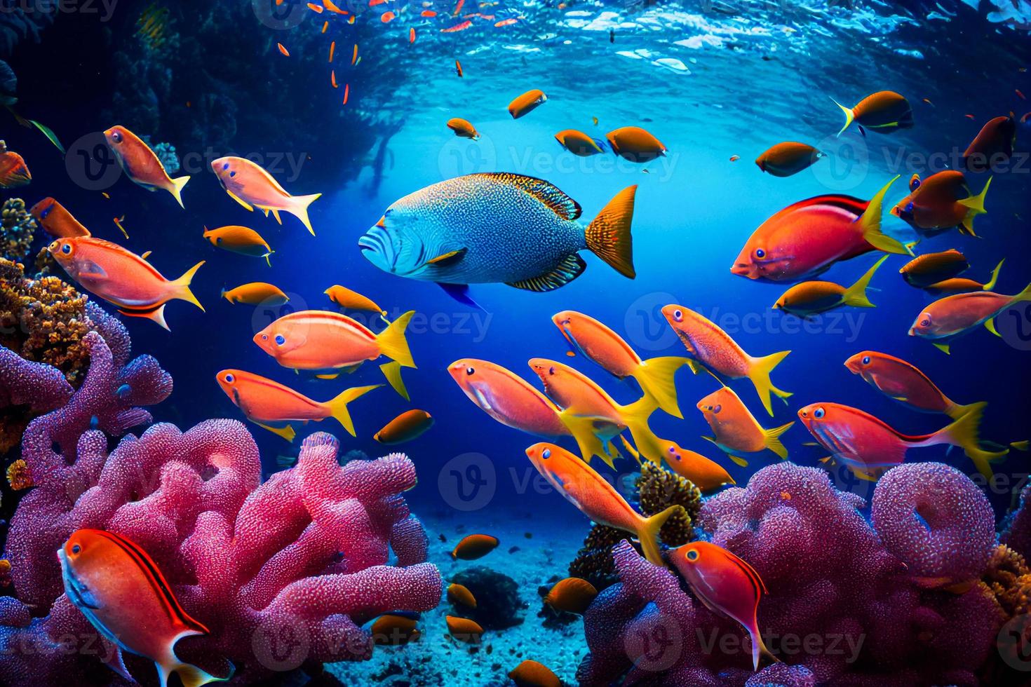 sous-marin mer récif paysage avec tropical poisson, corail, rouge étoiles et éponges dessin animé Contexte. bleu lagune monde ou aquarium avec coloré animaux et Soleil poutres. ai photo