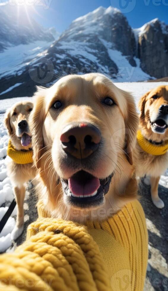 une groupe de mignonne d'or retriever chiens prise selfie ensemble génératif ai photo
