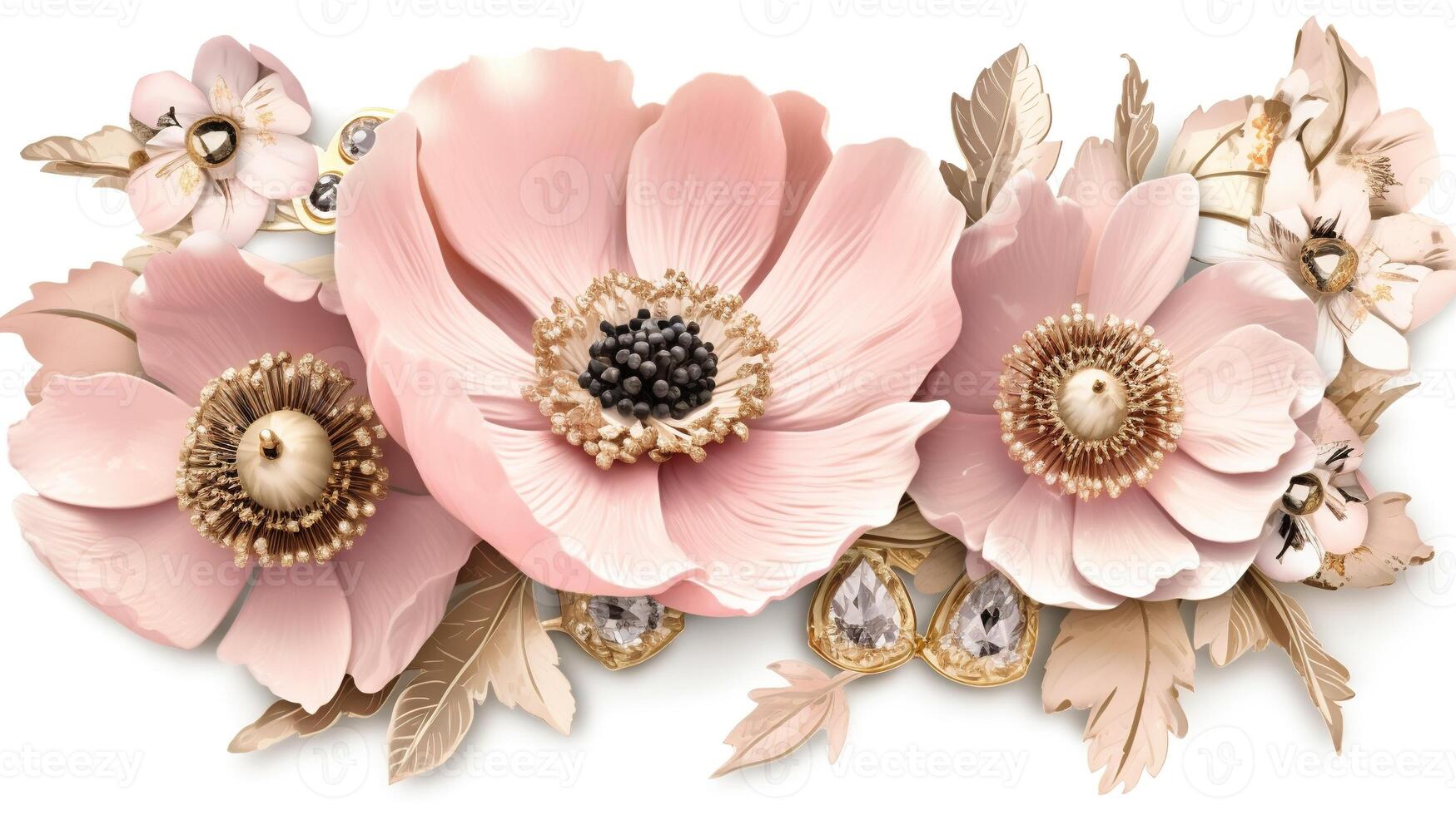 génératif ai, magnifique lumière rose fleurs broche, opale pierre et d'or Couleur palette isolé sur blanc Contexte. bijouterie, bijoux proche en haut photo