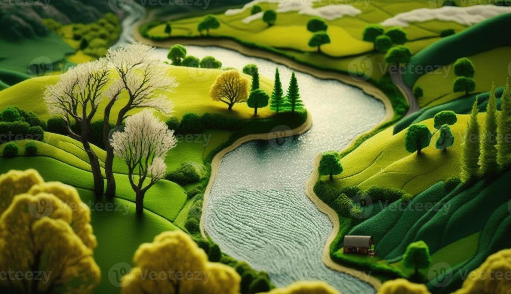 génératif ai, mignonne ferme paysage fabriqué de crochet avec des arbres, rivière, vert herbe. rêveur agricole scène fabriqué de la laine matériaux, tissu, fil, couture pour Contexte photo