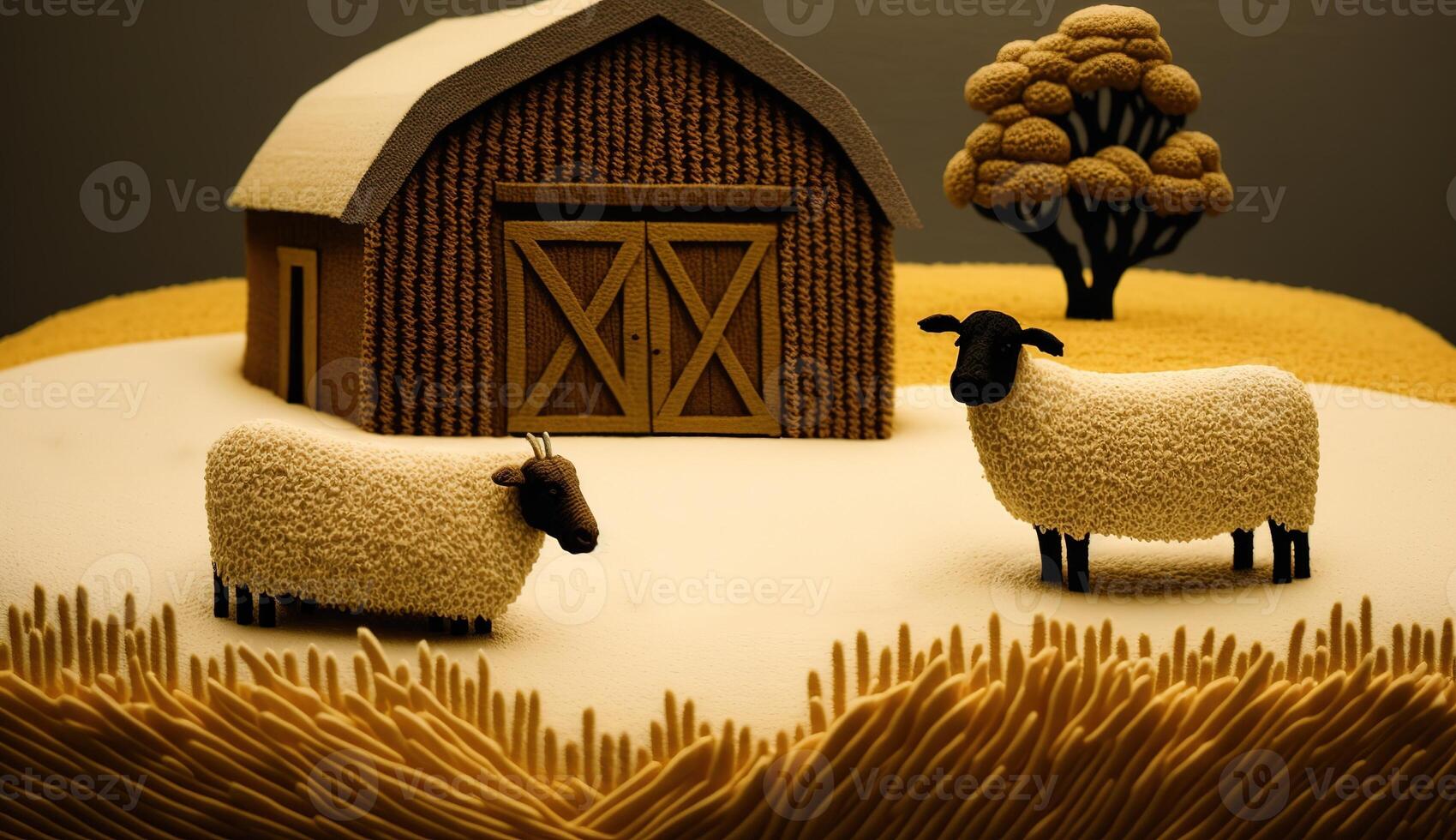 génératif ai, mignonne ferme paysage fabriqué de crochet avec des arbres, rivière, vert herbe, ferme animaux. rêveur agricole scène fabriqué de la laine matériaux, tissu, fil, couture pour Contexte photo