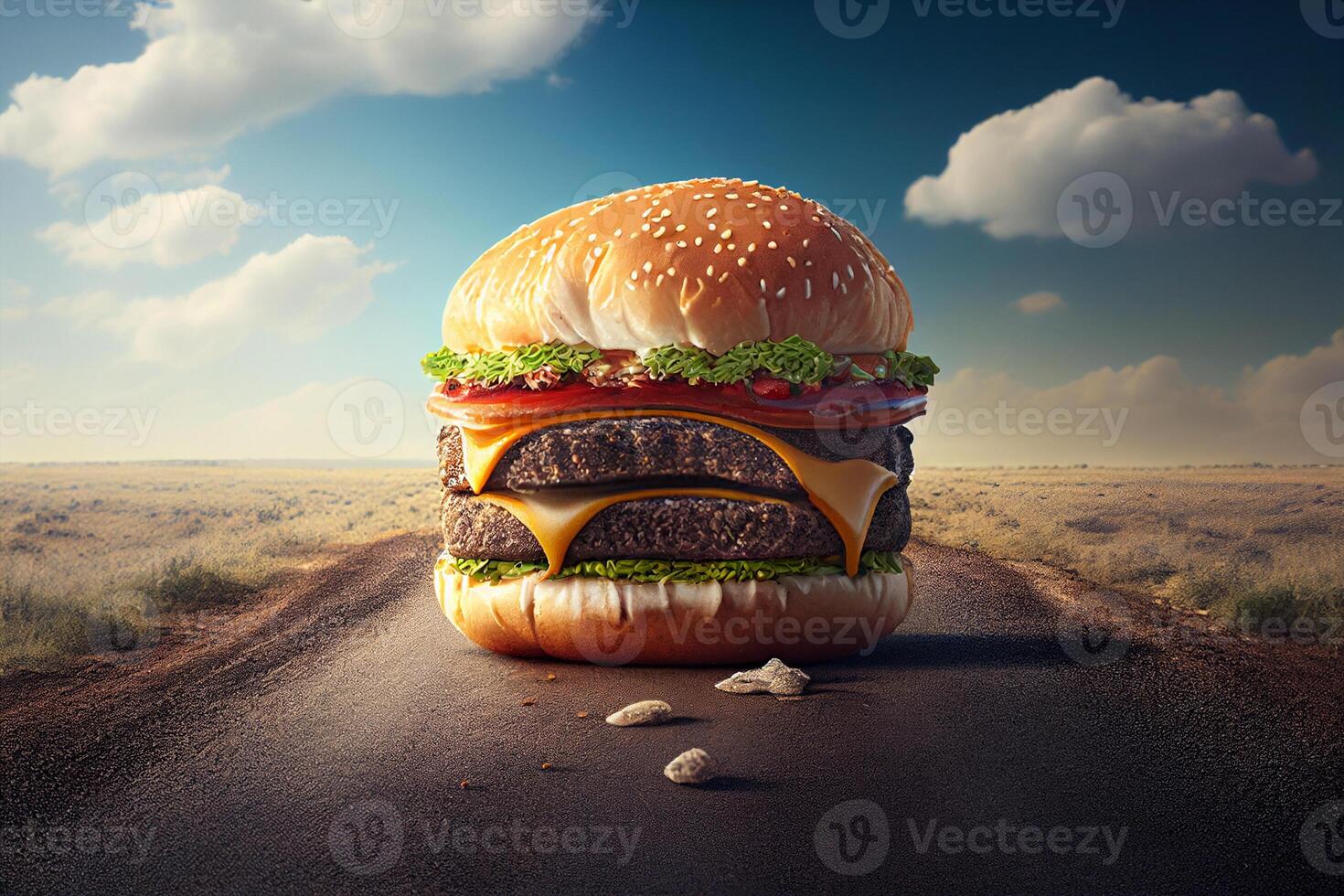 Hamburger avec scooter sur le route. 3d le rendu génératif ai photo