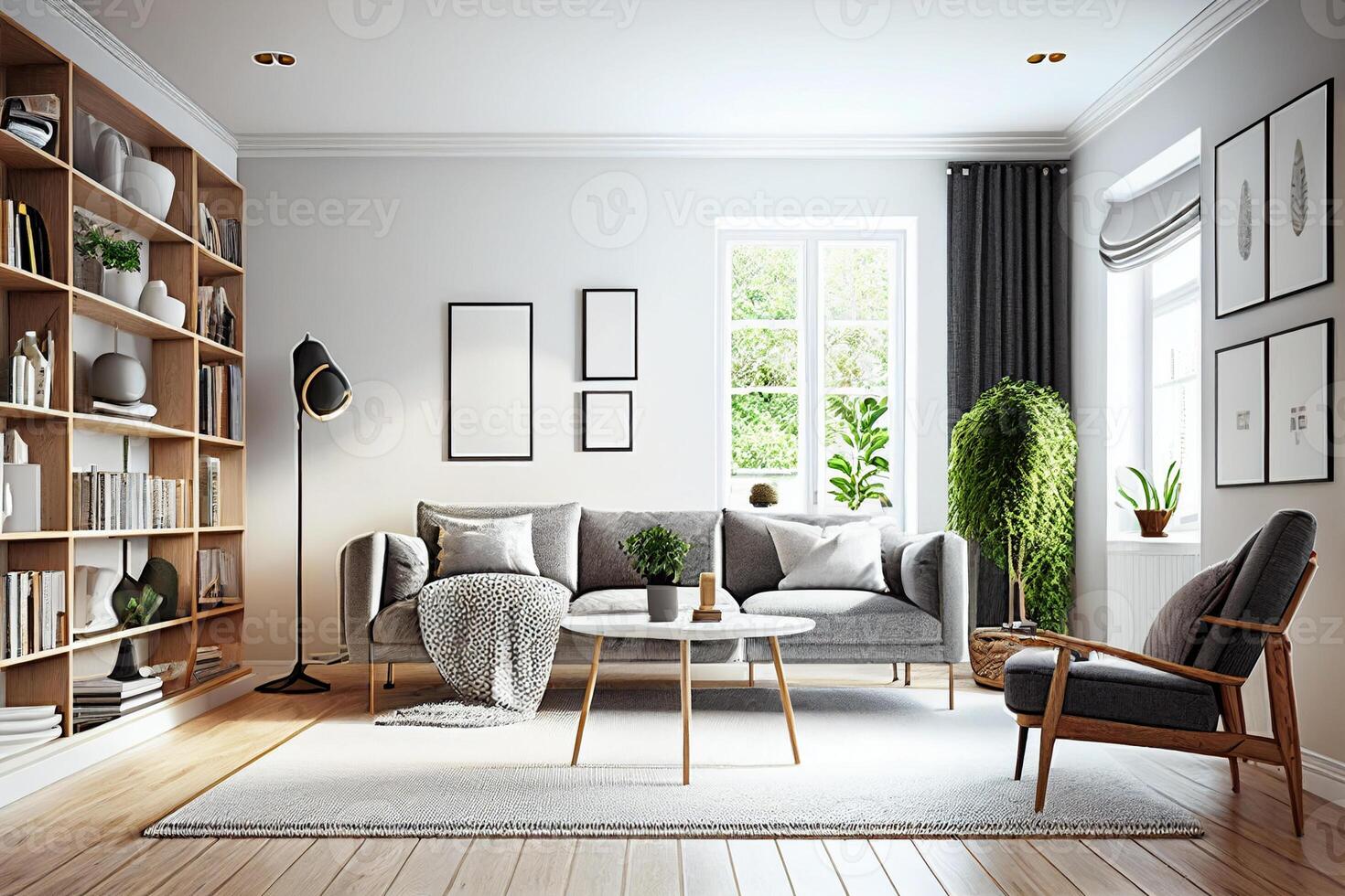 intérieur de moderne vivant pièce avec blanc des murs, en bois sol, confortable gris canapé et bibliothèque. 3d le rendu génératif ai photo