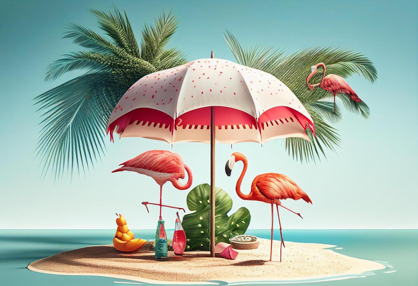 fantaisie paysage avec pastèque et parapluie. été concept, 3d illustration. génératif ai photo