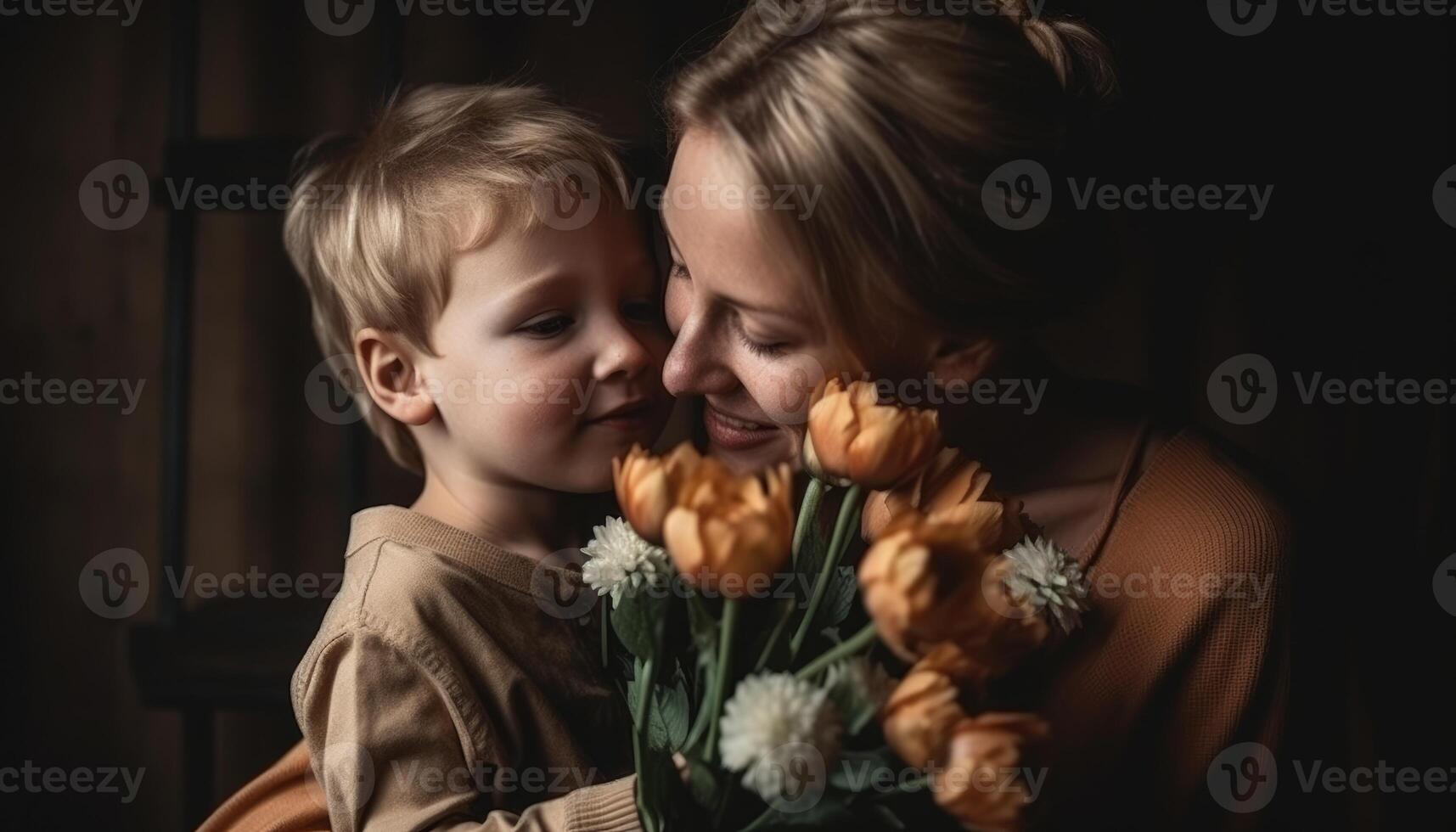 peu garçon en portant fleurs, étreindre le sien mère et célébrer de la mère journée. génératif ai photo