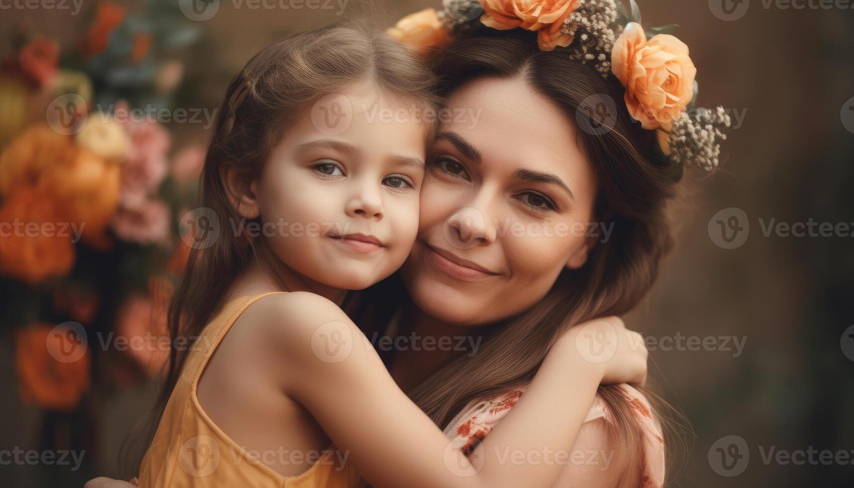 peu fille en portant fleurs, étreindre sa mère et célébrer de la mère journée. génératif ai photo