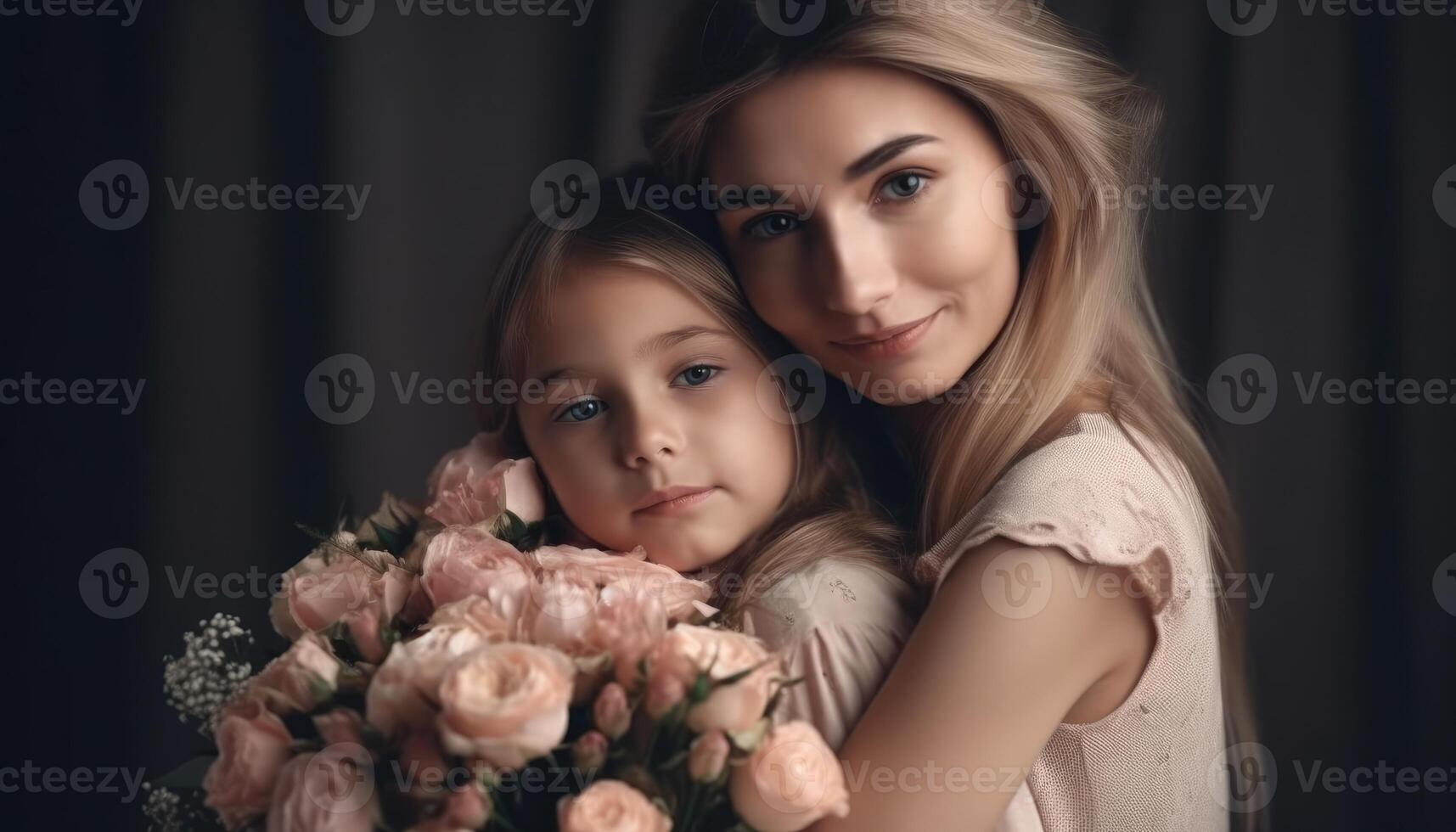 peu fille en portant fleurs, étreindre sa mère et célébrer de la mère journée. génératif ai photo