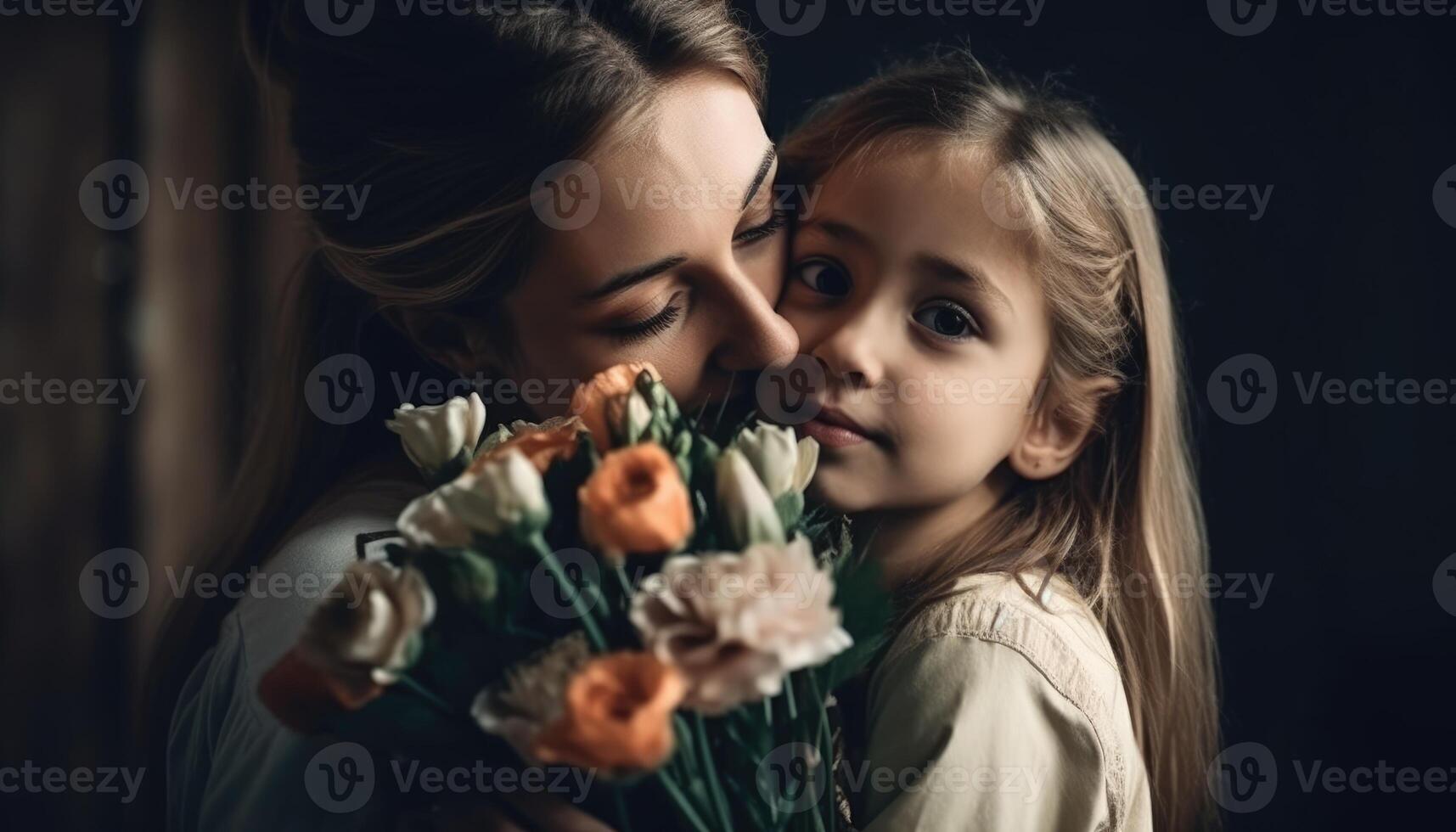 peu fille en portant fleurs, étreindre sa mère et célébrer de la mère journée. génératif ai photo