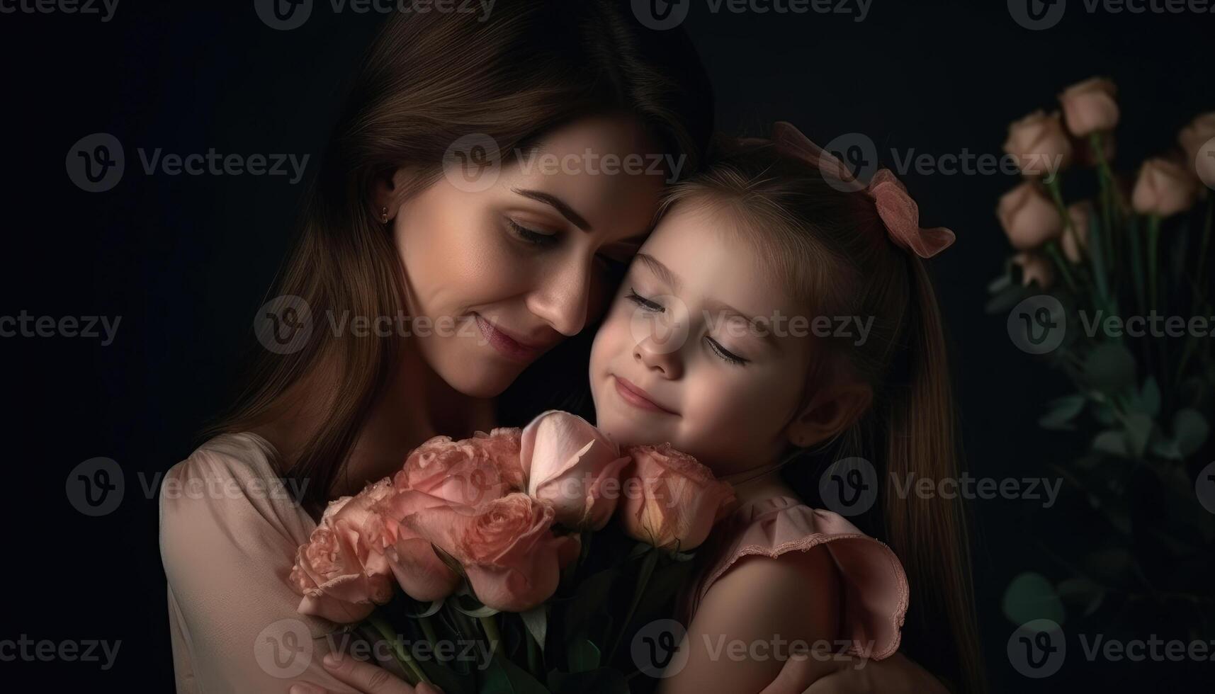 peu fille en portant fleurs, étreindre sa mère et célébrer de la mère journée. génératif ai photo