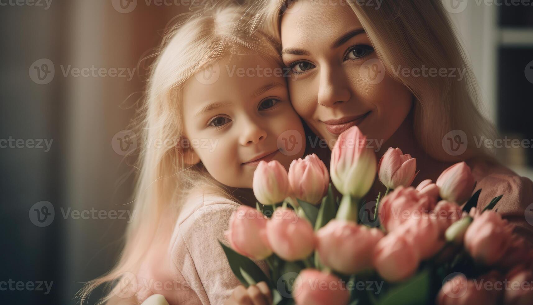 peu fille en portant fleurs, étreindre sa mère et célébrer de la mère journée. génératif ai photo