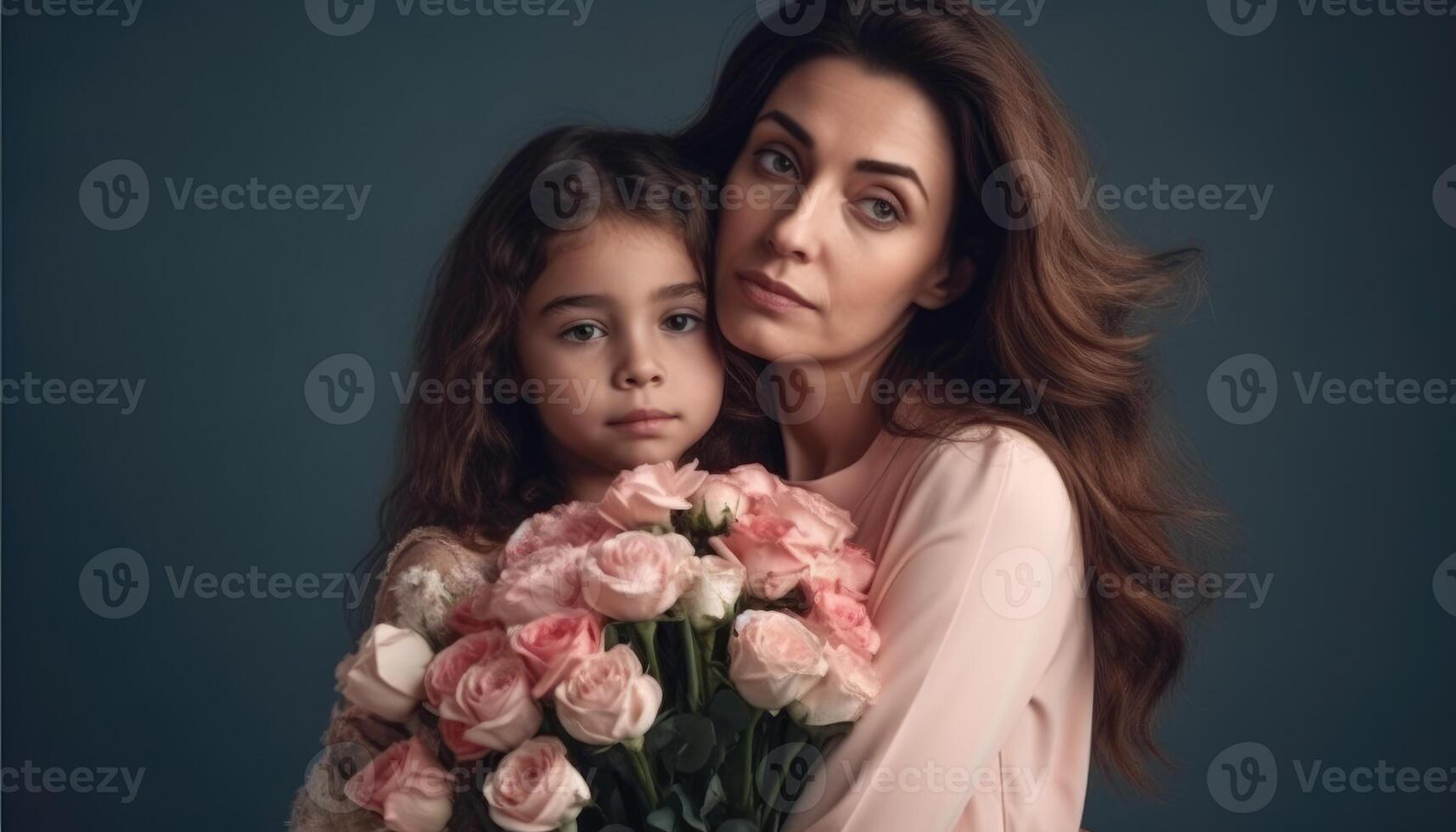 peu fille en portant fleurs, étreindre sa mère et célébrer de la mère journée. génératif ai photo