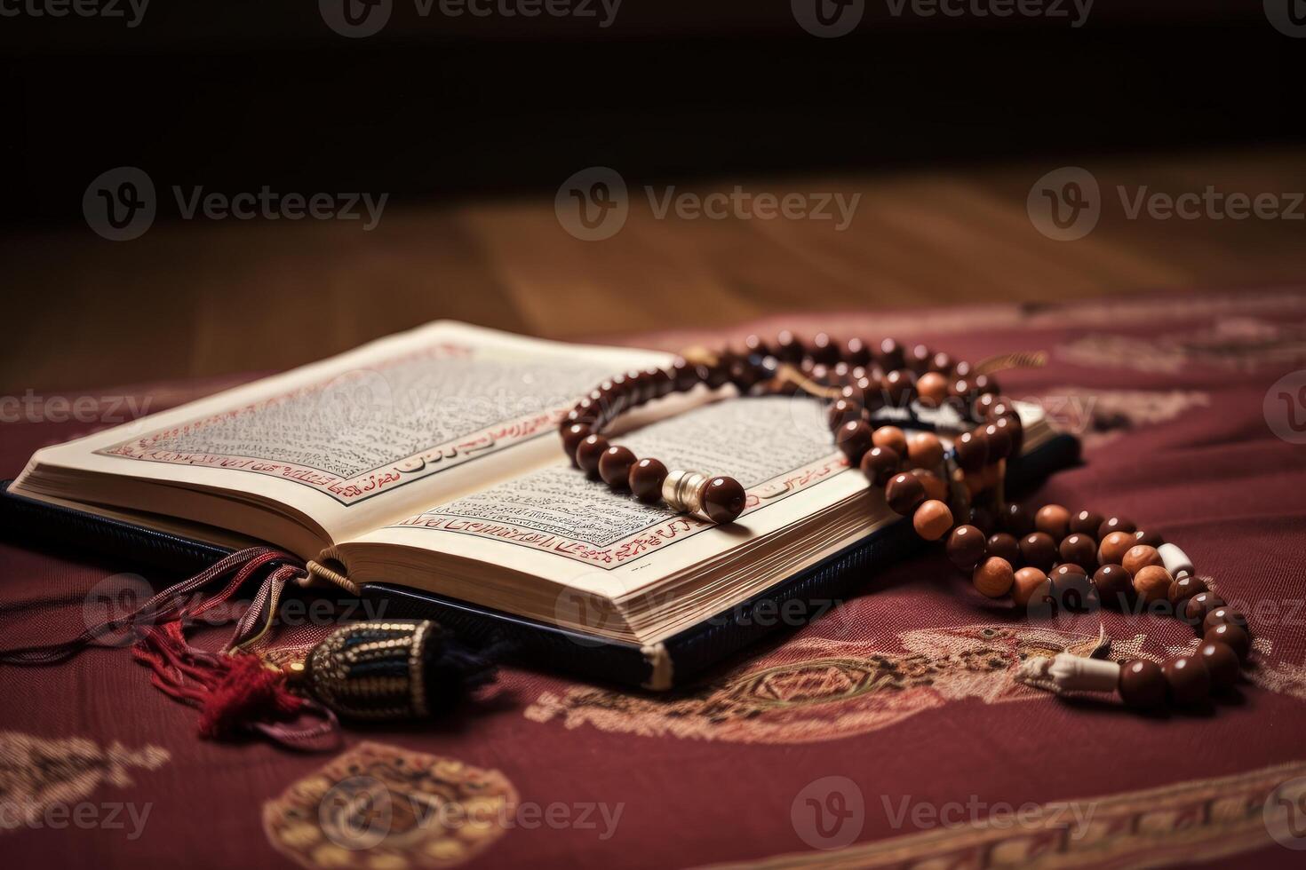 musulman coran récitation concept avec un ouvert coran sur une prière couverture avec perles. islamique saint livre coran avec arabe conception et prière perles. magnifique islamique illustration. génératif ai. photo