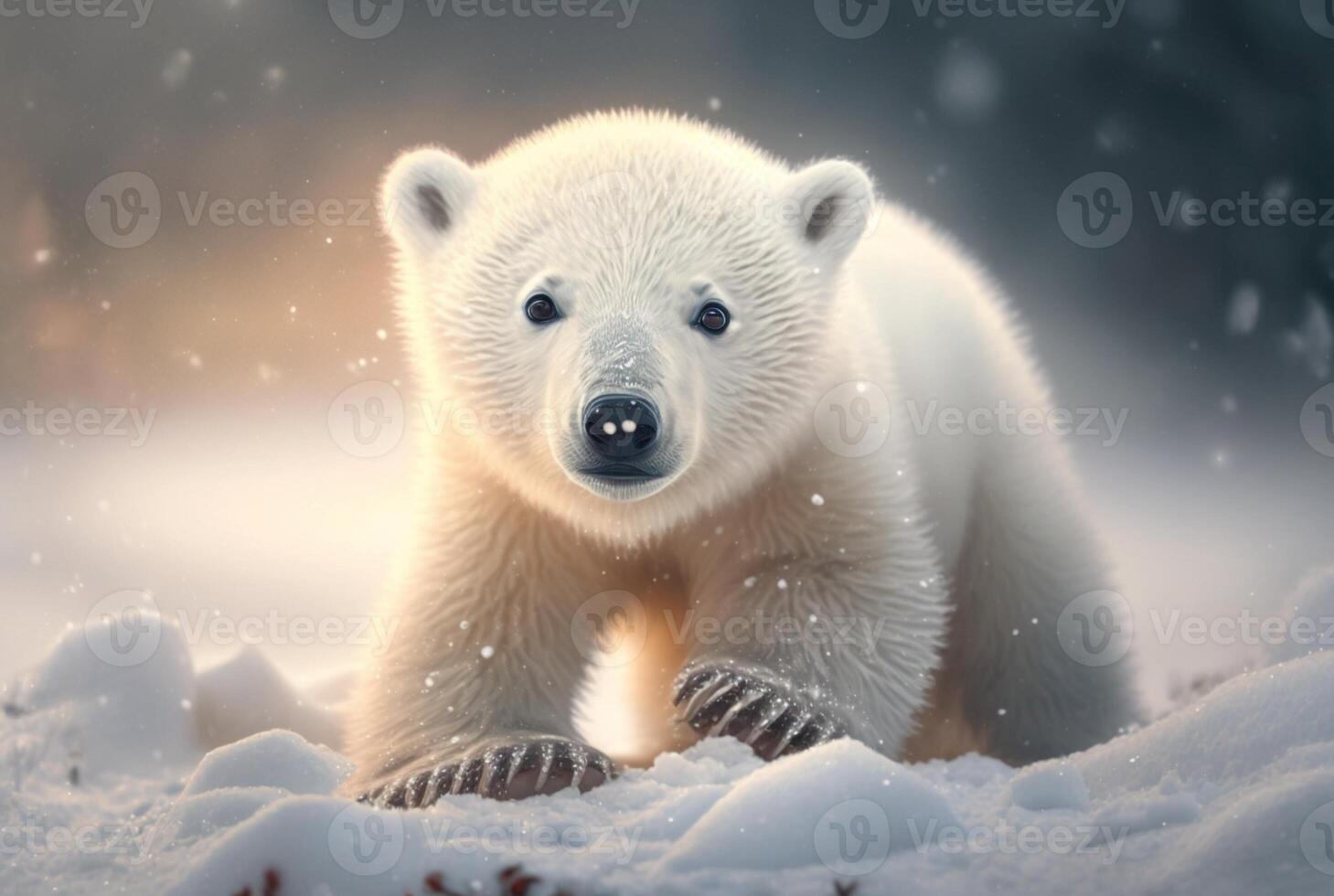 mignonne bébé polaire ours dans neige l'hiver. génératif ai photo