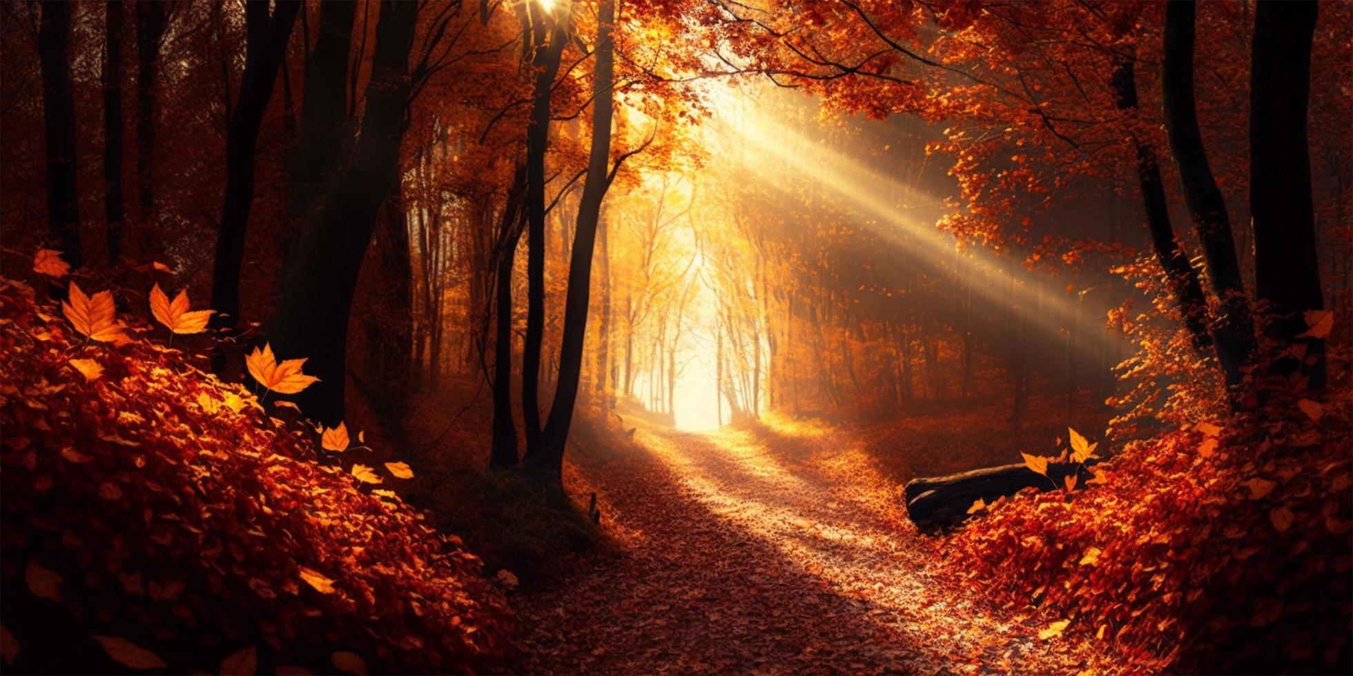 magnifique l'automne forêt paysage avec une brillant Soleil donnant le monde et le feuilles une embrasé magique éclat avec génératif ai. photo