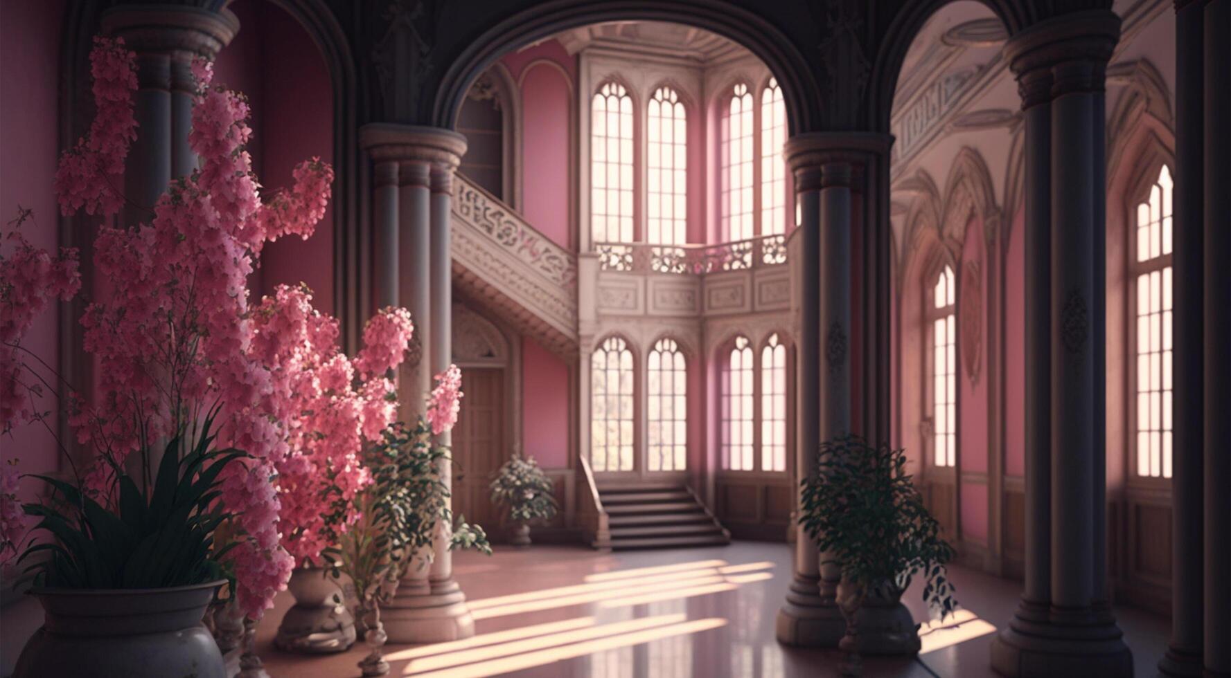 luxe à l'intérieur le rose palais de le magnifique Château avec fleurs décoration et vieux ancien ornements dans pilier avec plein lumière du jour. génératif ai. photo