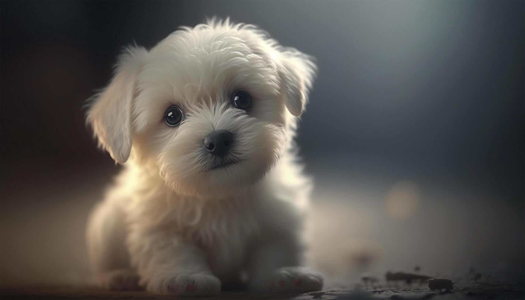 blanc mignonne chiot photo tirer sur intérieur studio avec cinématique éclairage. gros noir yeux. génératif ai.