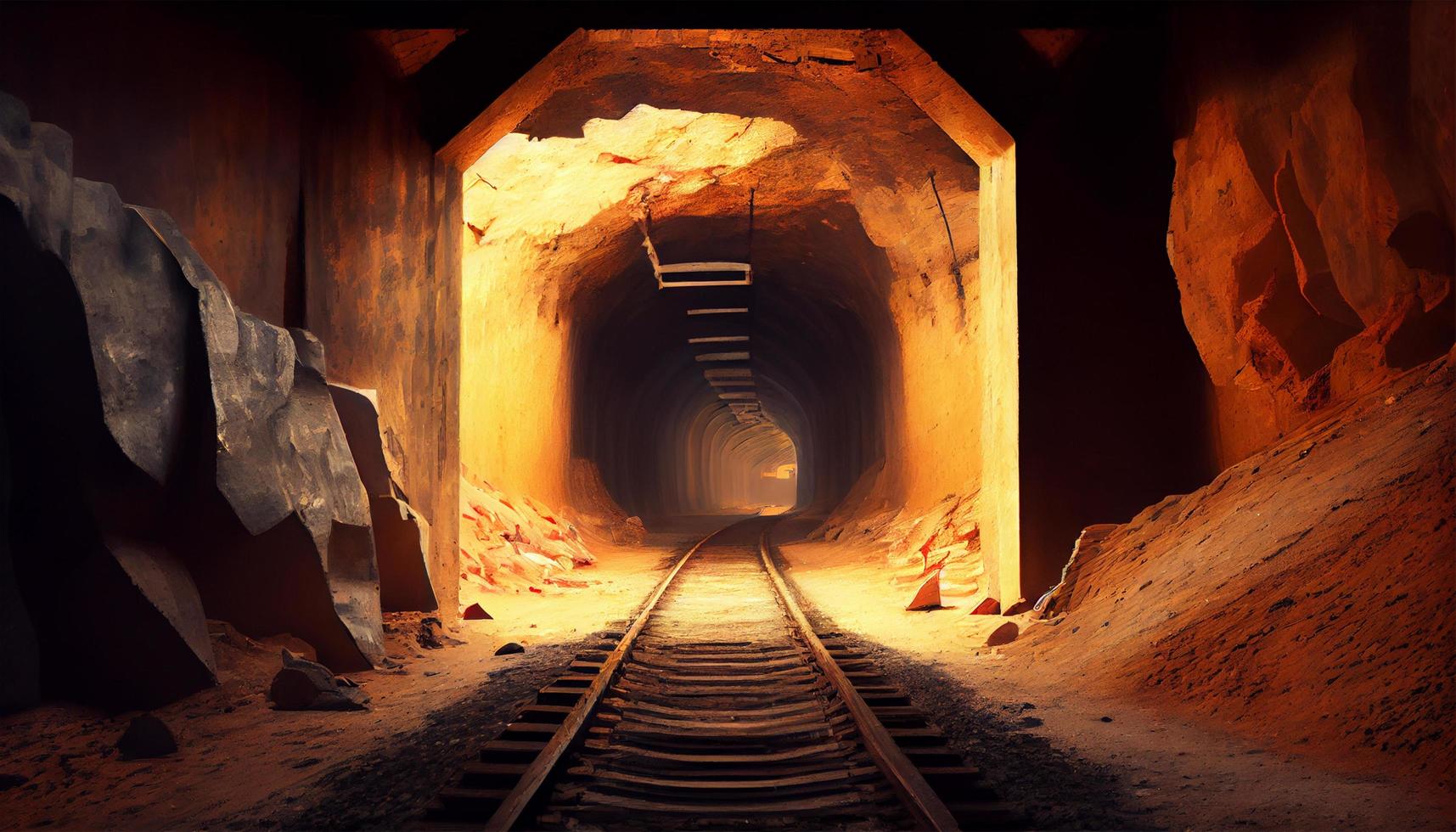une charbon mien souterrain minerai tunnel avec des rails, exploitation minière industrie. génératif ai. photo