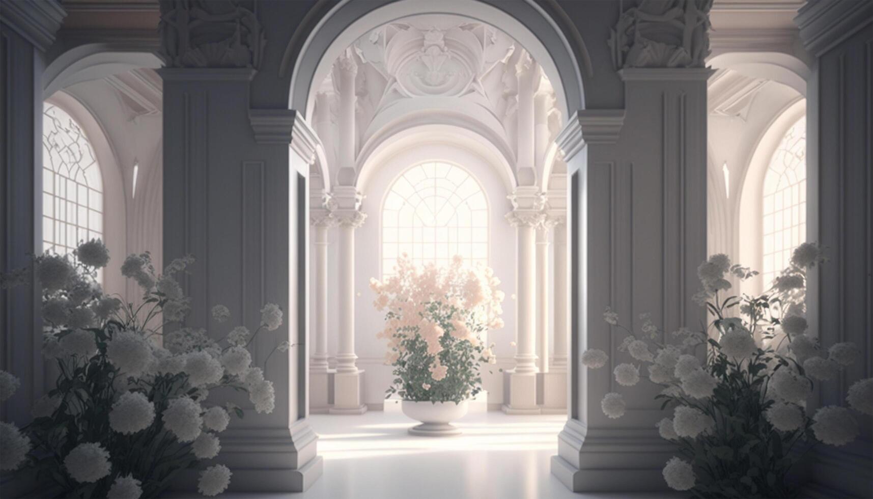 luxe intérieur blanc palais avec ancien ornemental pilier et lumière du jour. fleur et feuilles décoration dans chambre, les fenêtres. génératif ai. photo