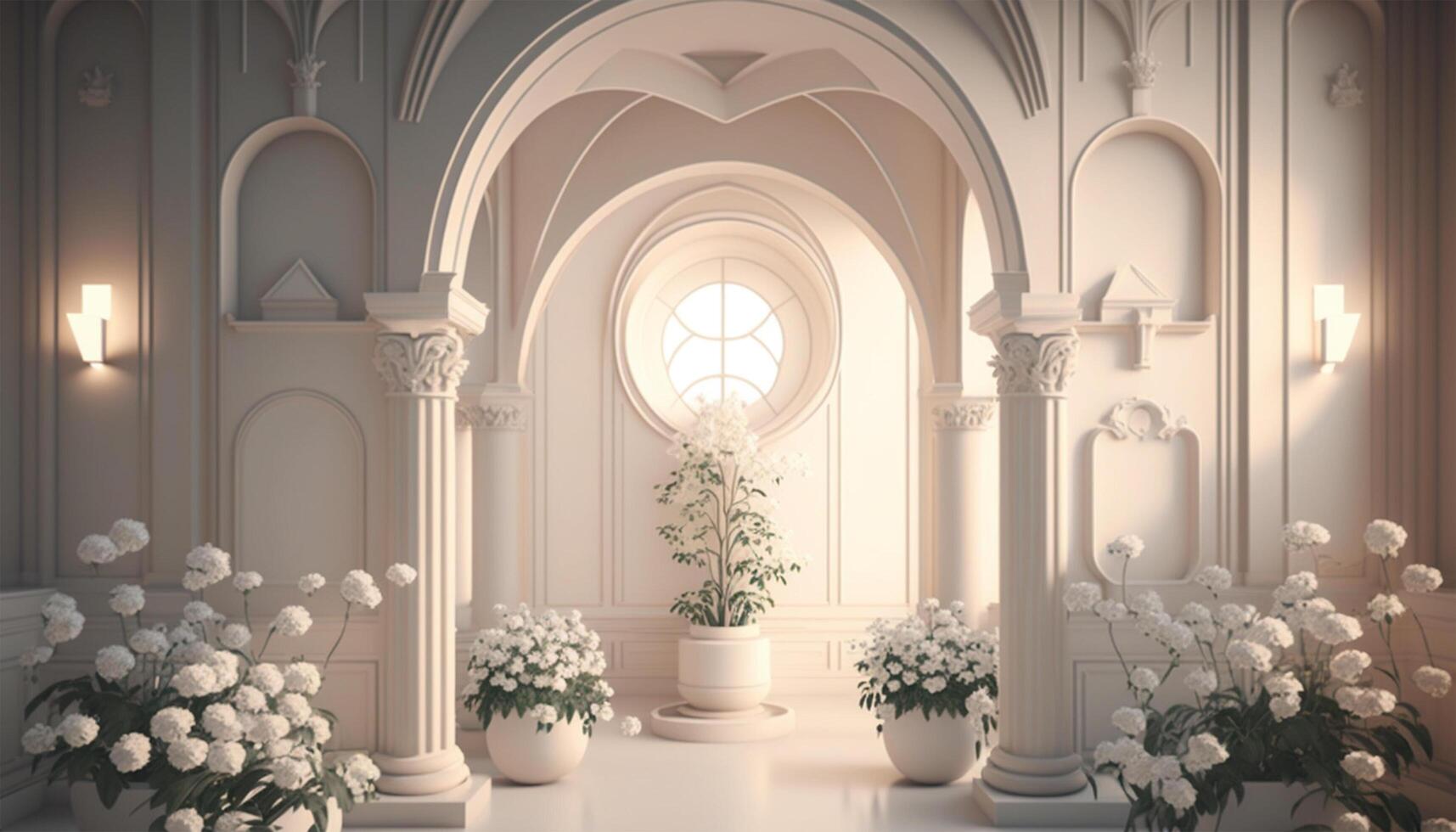 luxe intérieur blanc palais avec ancien ornemental pilier et lumière du jour. fleur et feuilles décoration dans chambre, les fenêtres. génératif ai. photo