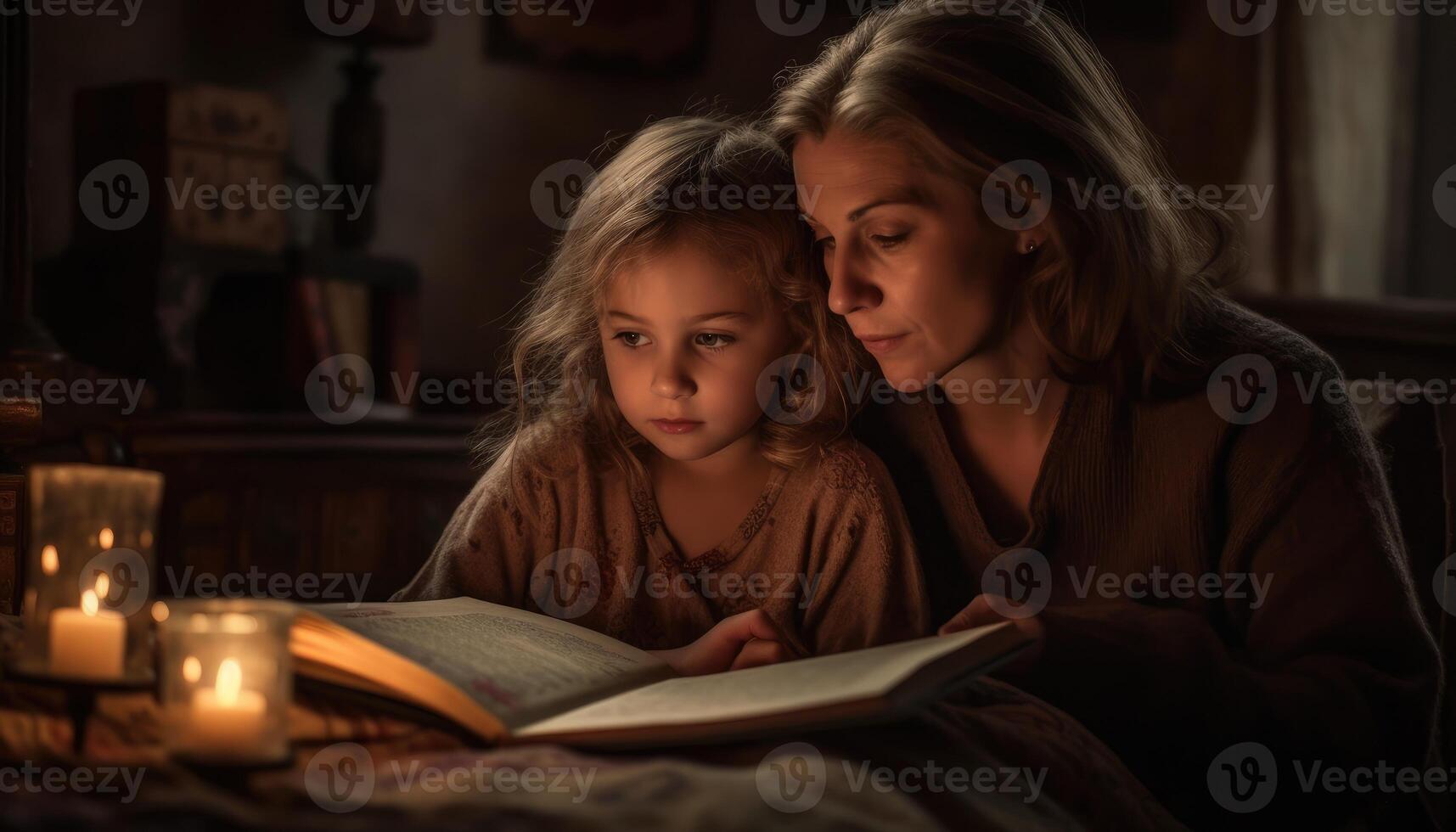 une moment de une mère et enfant câliné en haut ensemble en train de lire une livre, avec doux éclairage et confortable alentours. de la mère journée. génératif ai photo